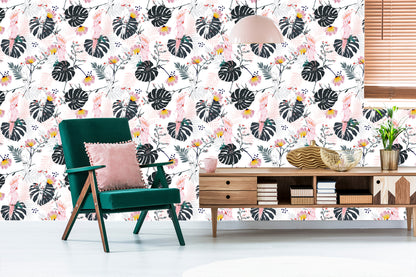 Wallpaper Parrots Tropical Leaves And Flowers