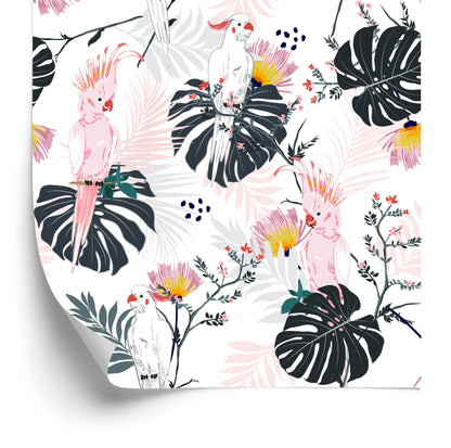 Wallpaper Parrots Tropical Leaves And Flowers
