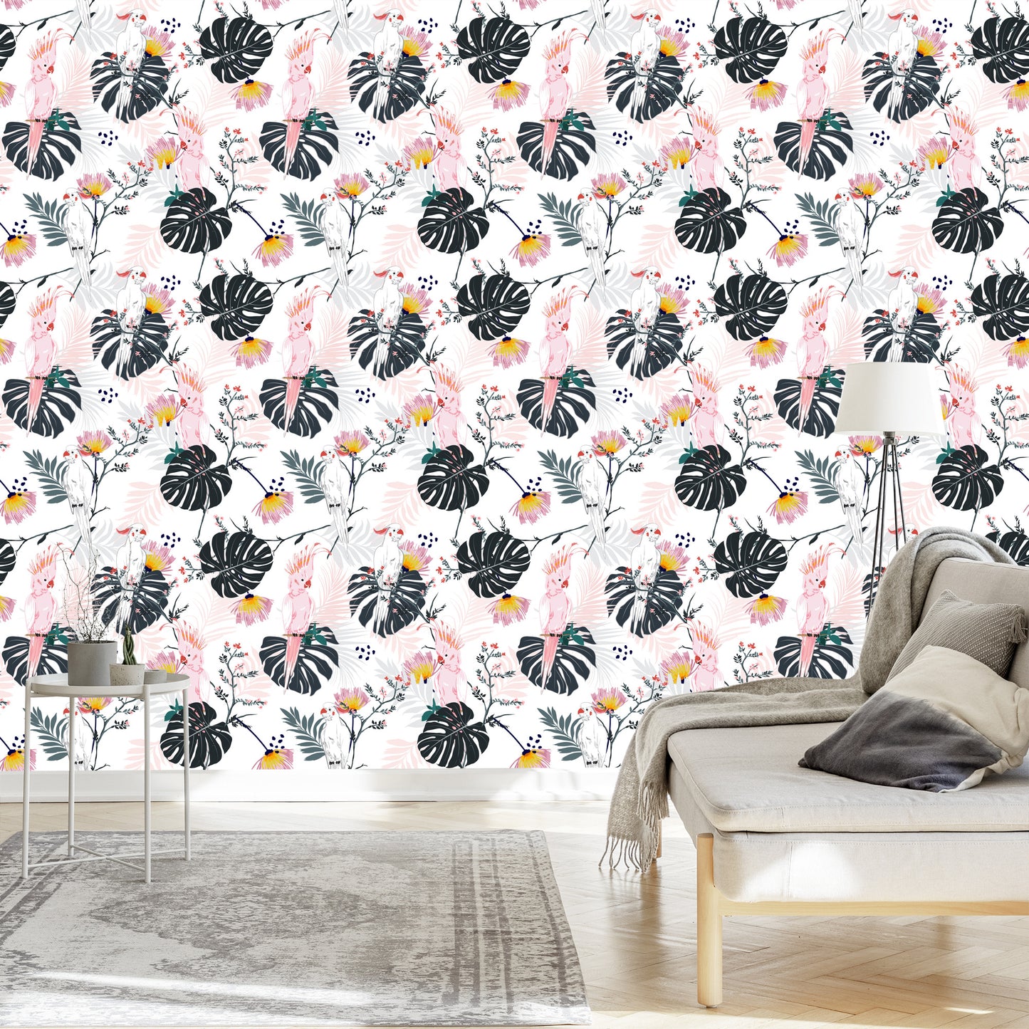 Wallpaper Parrots Tropical Leaves And Flowers