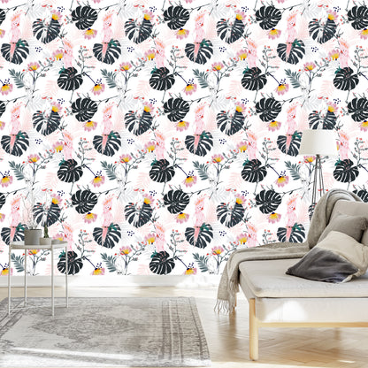 Wallpaper Parrots Tropical Leaves And Flowers
