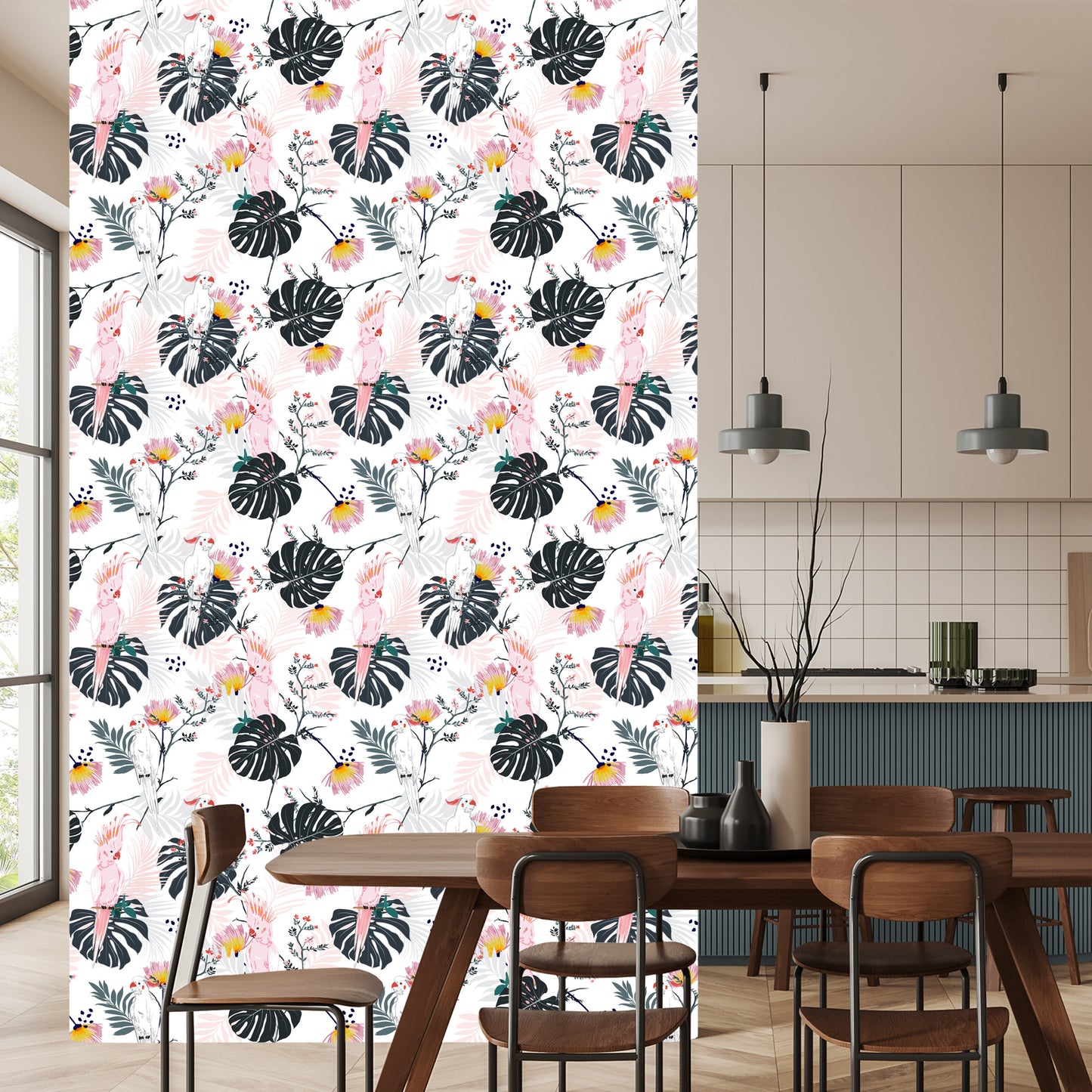 Wallpaper Parrots Tropical Leaves And Flowers