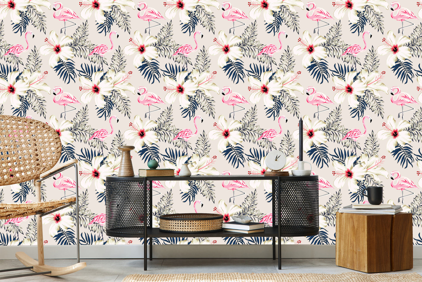 Wallpaper Flamingos, Leaves And Flowers