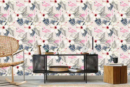 Wallpaper Flamingos, Leaves And Flowers