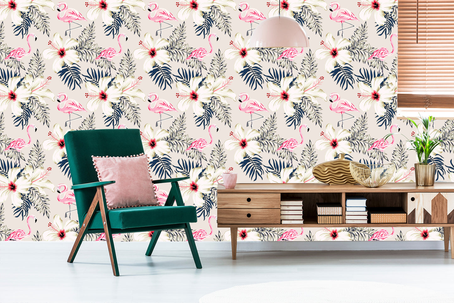Wallpaper Flamingos, Leaves And Flowers