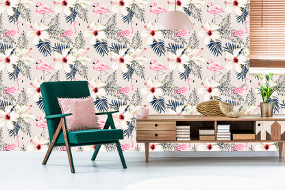 Wallpaper Flamingos, Leaves And Flowers