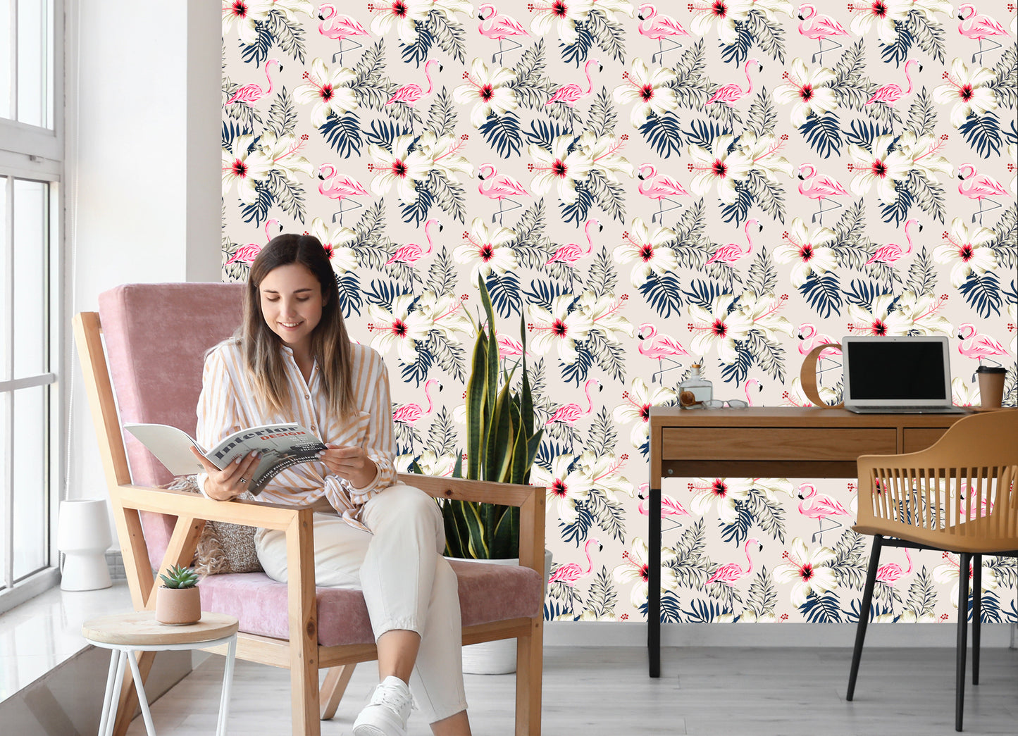 Wallpaper Flamingos, Leaves And Flowers