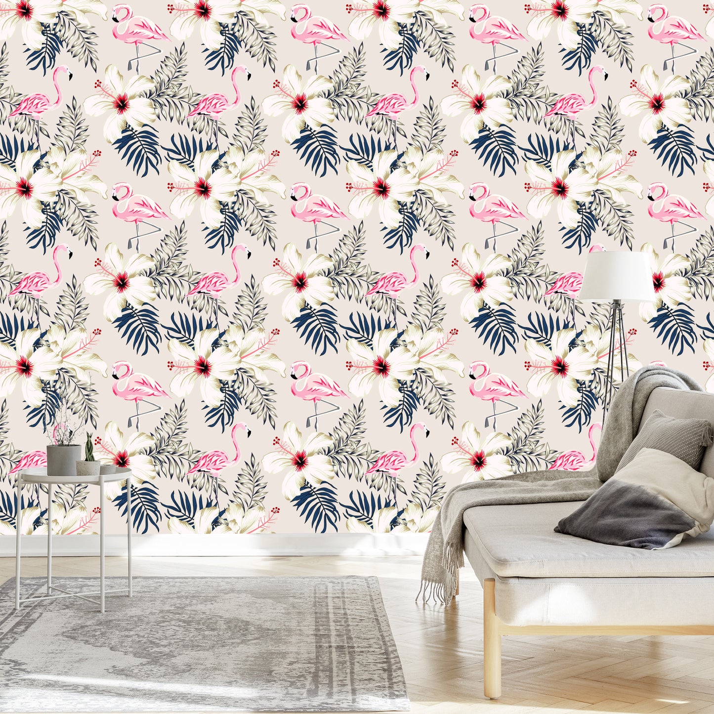 Wallpaper Flamingos, Leaves And Flowers