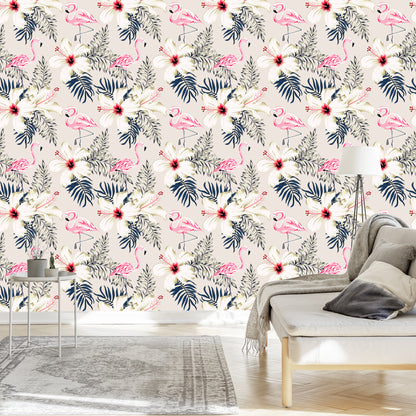 Wallpaper Flamingos, Leaves And Flowers