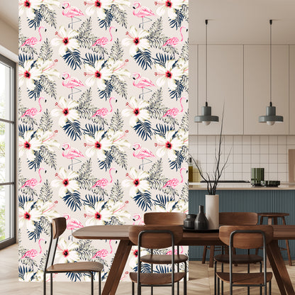 Wallpaper Flamingos, Leaves And Flowers