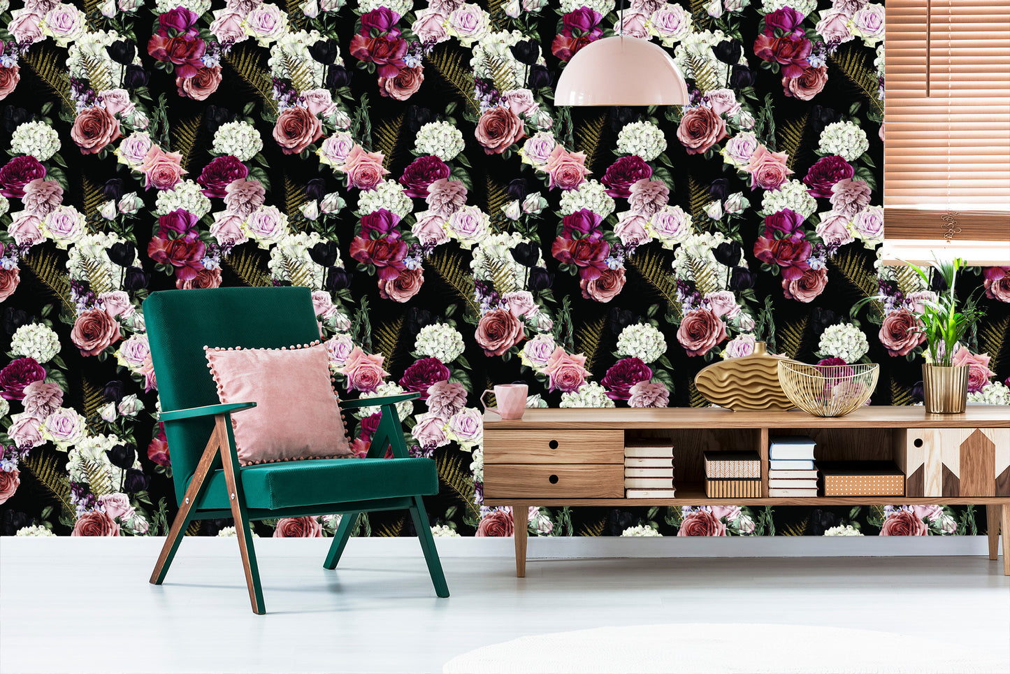 Wallpaper Roses Fern Leaves