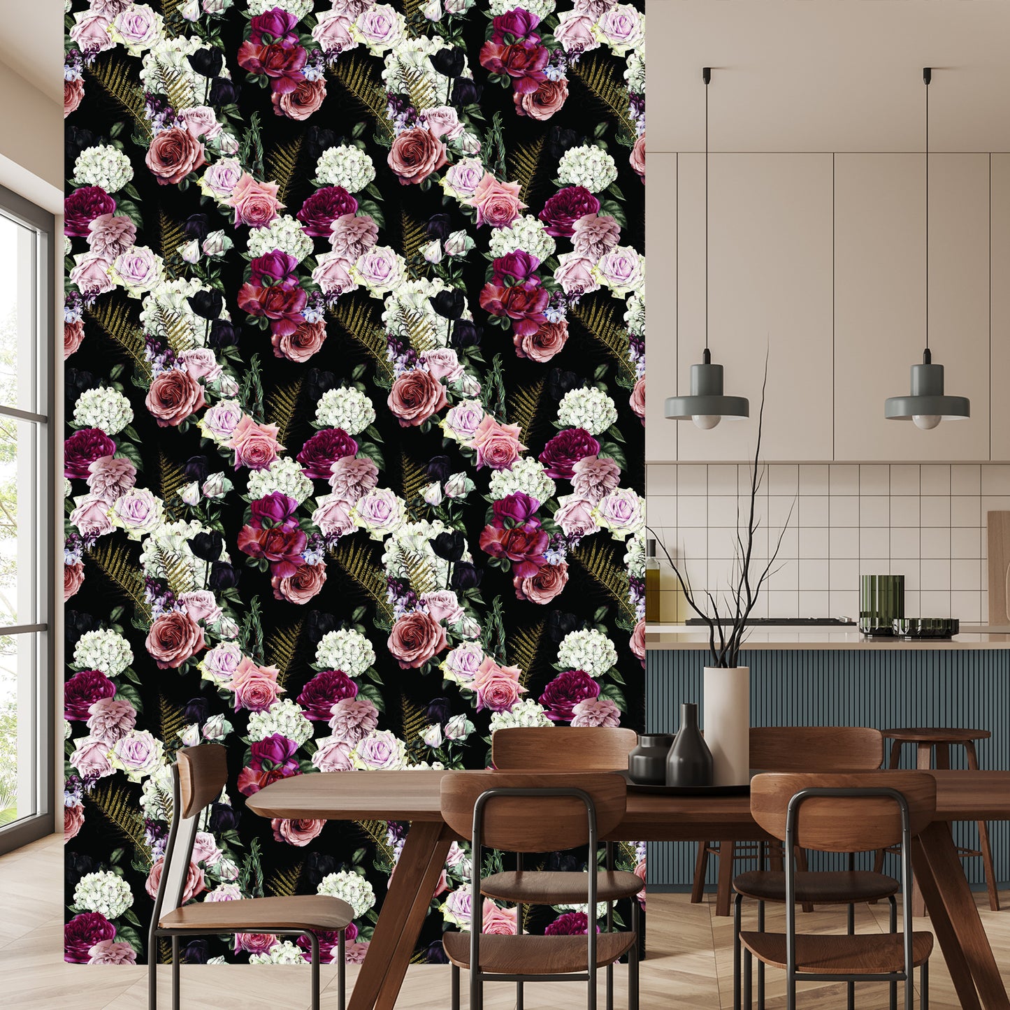Wallpaper Roses Fern Leaves