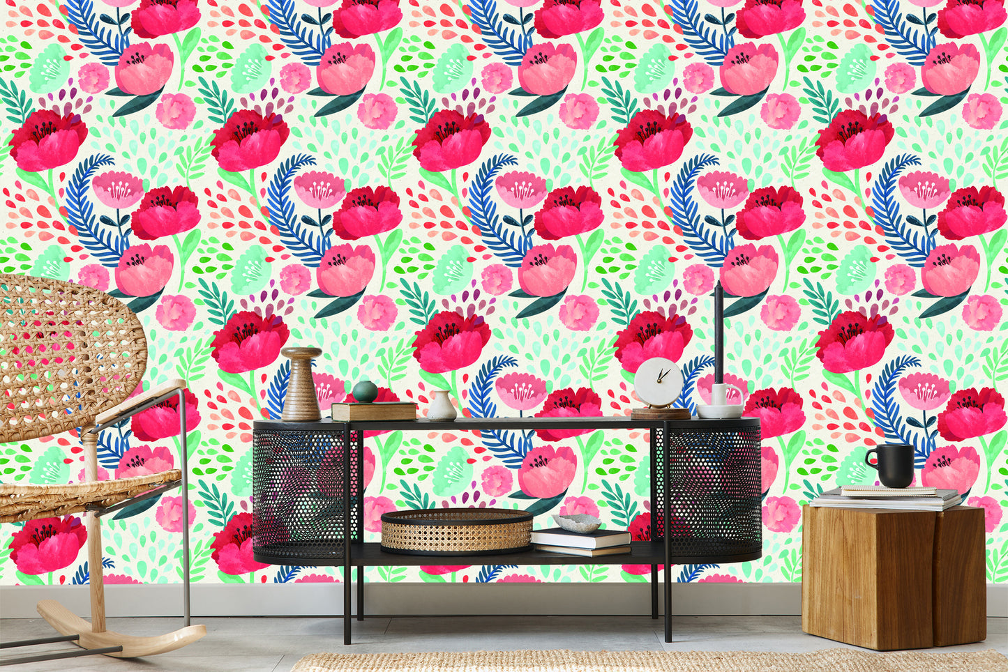 Wallpaper Retro Poppies In Green