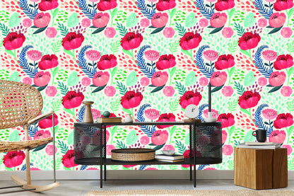 Wallpaper Retro Poppies In Green