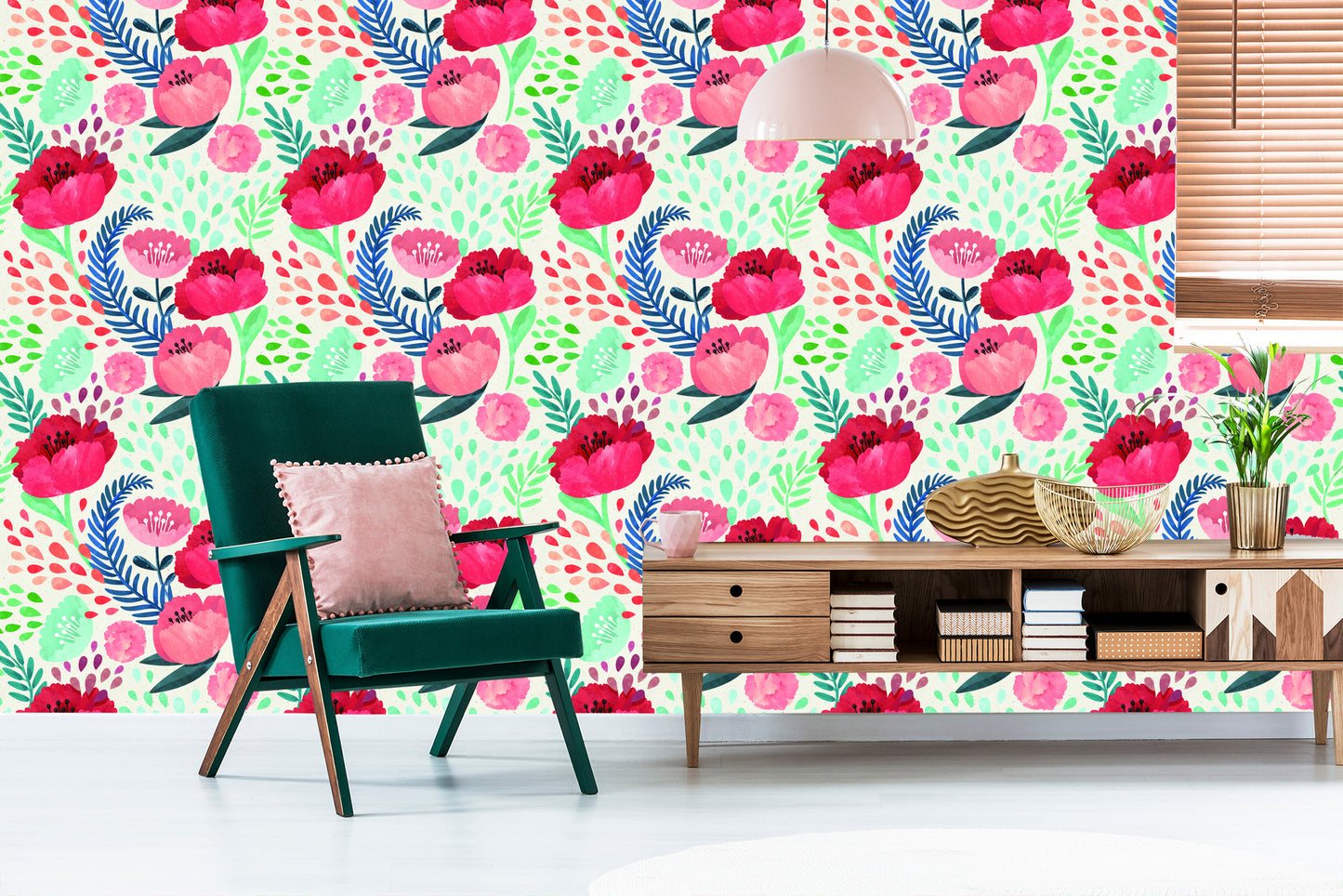 Wallpaper Retro Poppies In Green