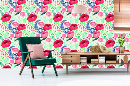 Wallpaper Retro Poppies In Green