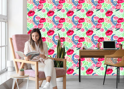 Wallpaper Retro Poppies In Green