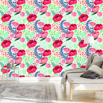 Wallpaper Retro Poppies In Green