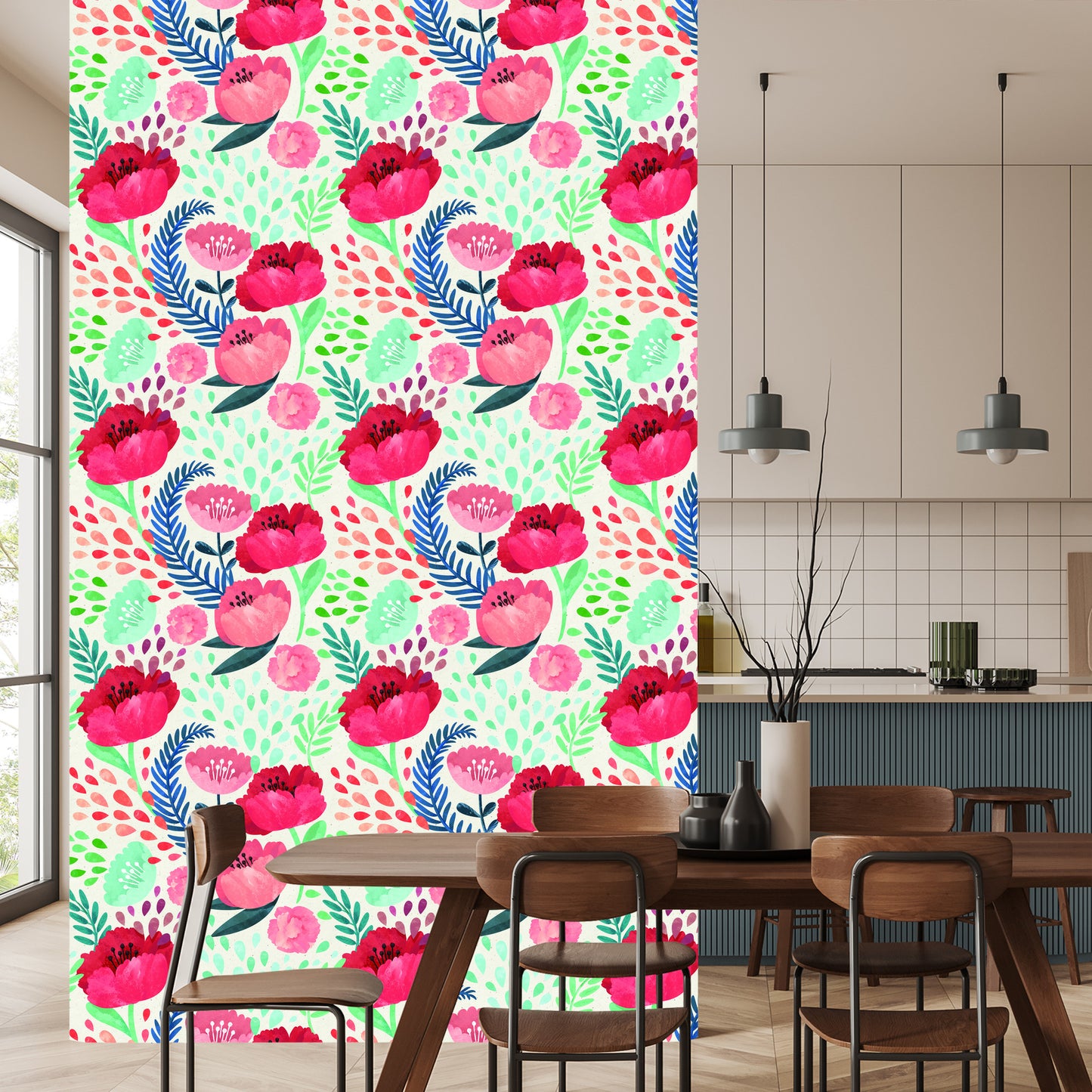 Wallpaper Retro Poppies In Green