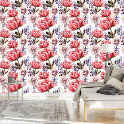 Wallpaper Roses, Peonies And Lavender