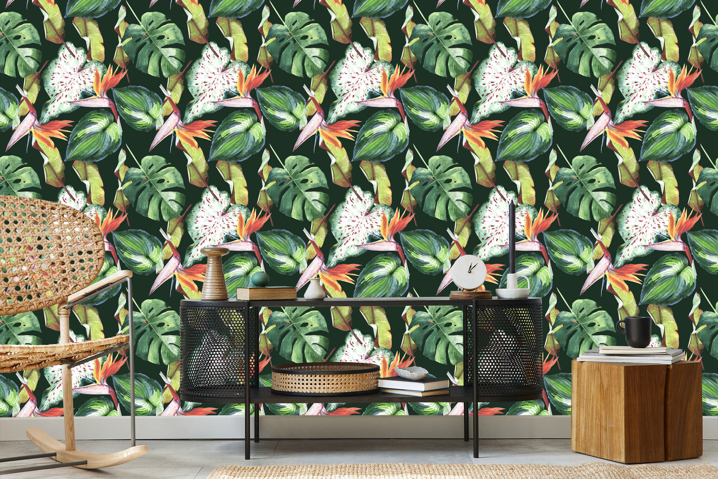 Wallpaper Flowers From The Garden Of Eden And Tropical Leaves