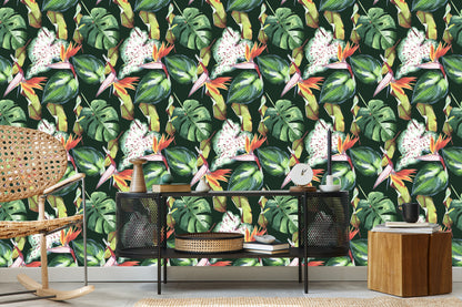 Wallpaper Flowers From The Garden Of Eden And Tropical Leaves
