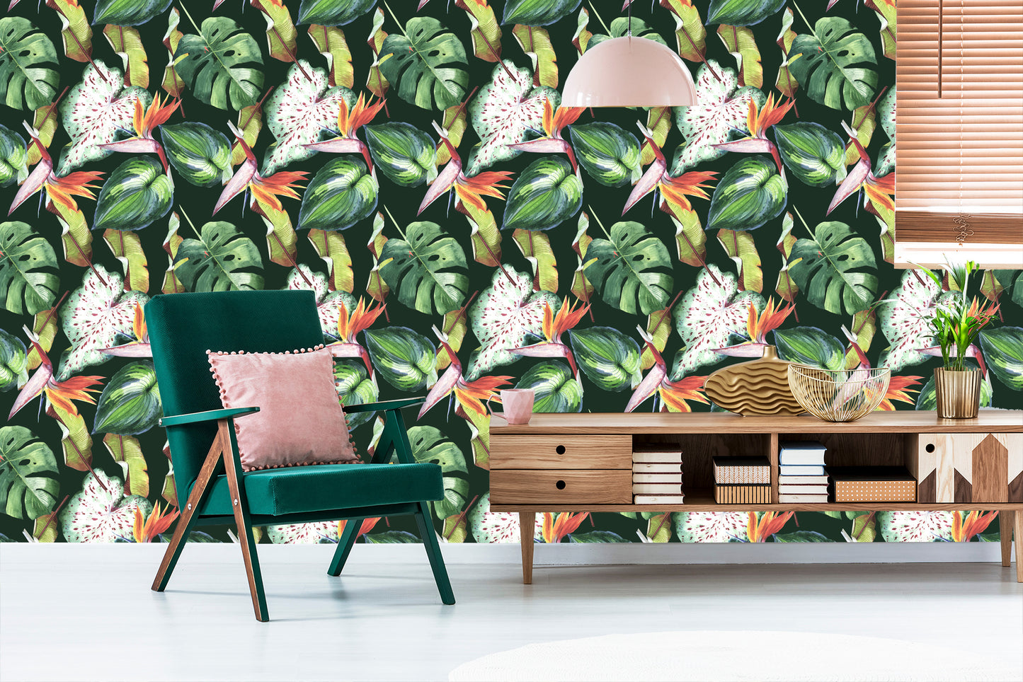 Wallpaper Flowers From The Garden Of Eden And Tropical Leaves