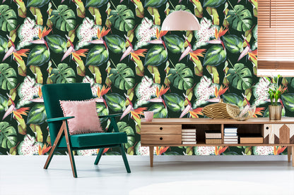 Wallpaper Flowers From The Garden Of Eden And Tropical Leaves