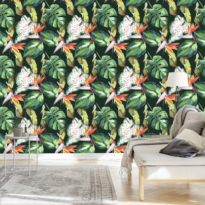Wallpaper Flowers From The Garden Of Eden And Tropical Leaves