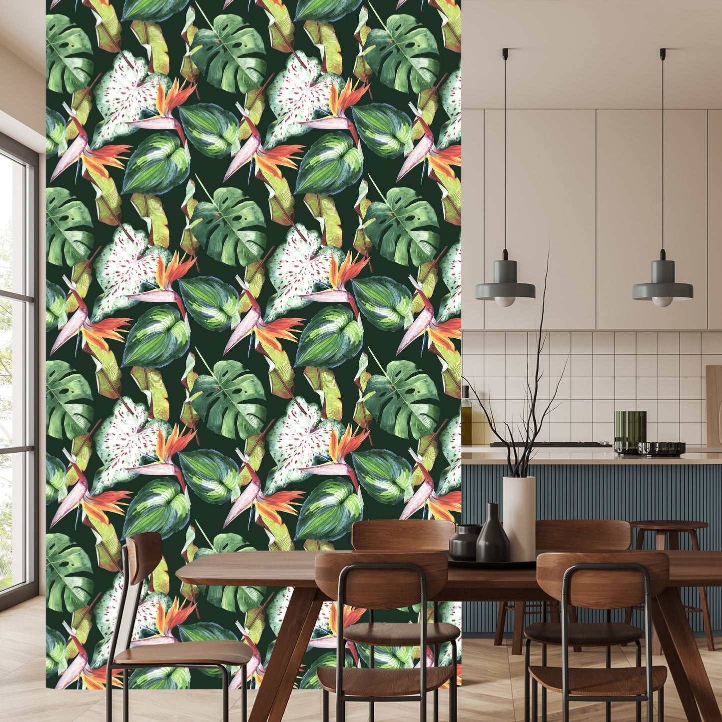 Wallpaper Flowers From The Garden Of Eden And Tropical Leaves