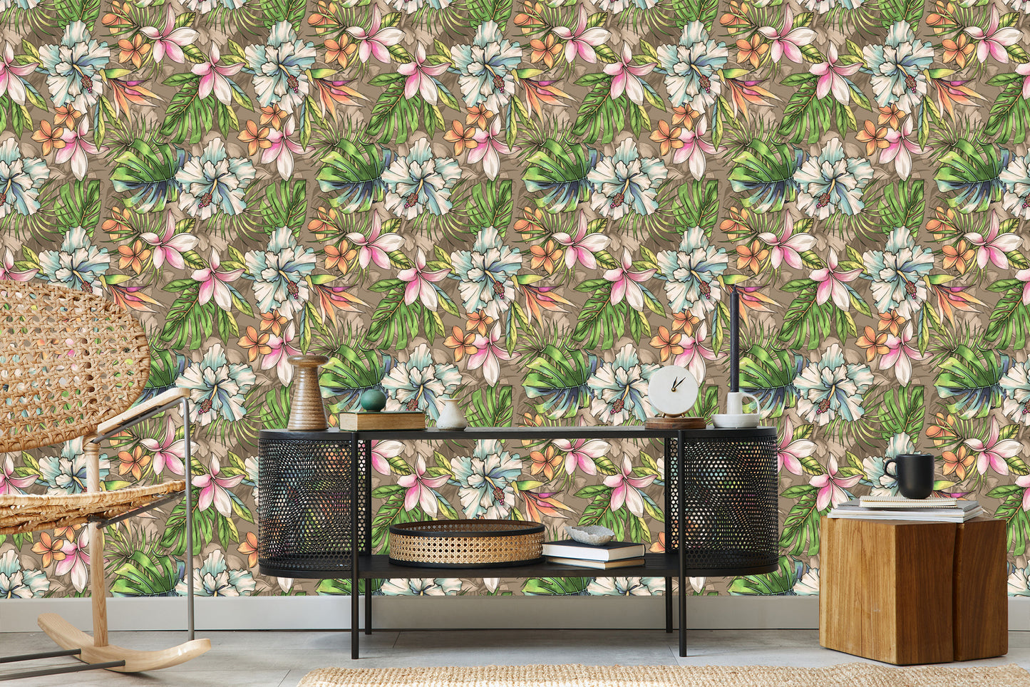 Wallpaper Flowers From The Garden Of Eden, Palm Leaves And Monstera