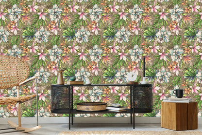 Wallpaper Flowers From The Garden Of Eden, Palm Leaves And Monstera
