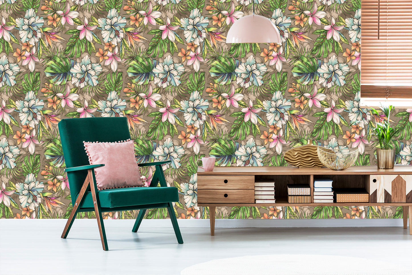 Wallpaper Flowers From The Garden Of Eden, Palm Leaves And Monstera