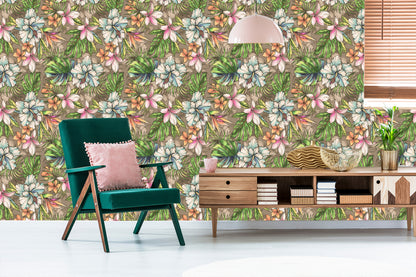 Wallpaper Flowers From The Garden Of Eden, Palm Leaves And Monstera