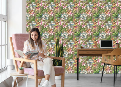 Wallpaper Flowers From The Garden Of Eden, Palm Leaves And Monstera