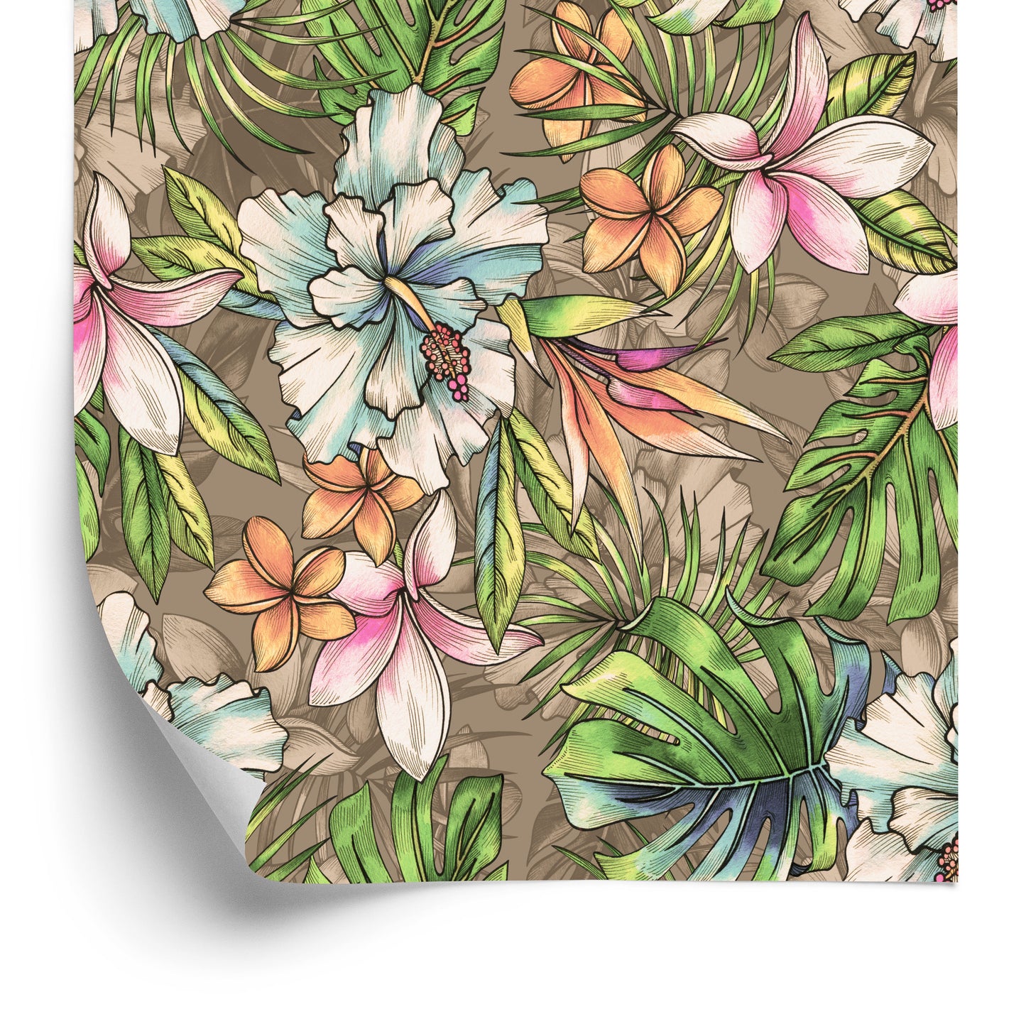 Wallpaper Flowers From The Garden Of Eden, Palm Leaves And Monstera