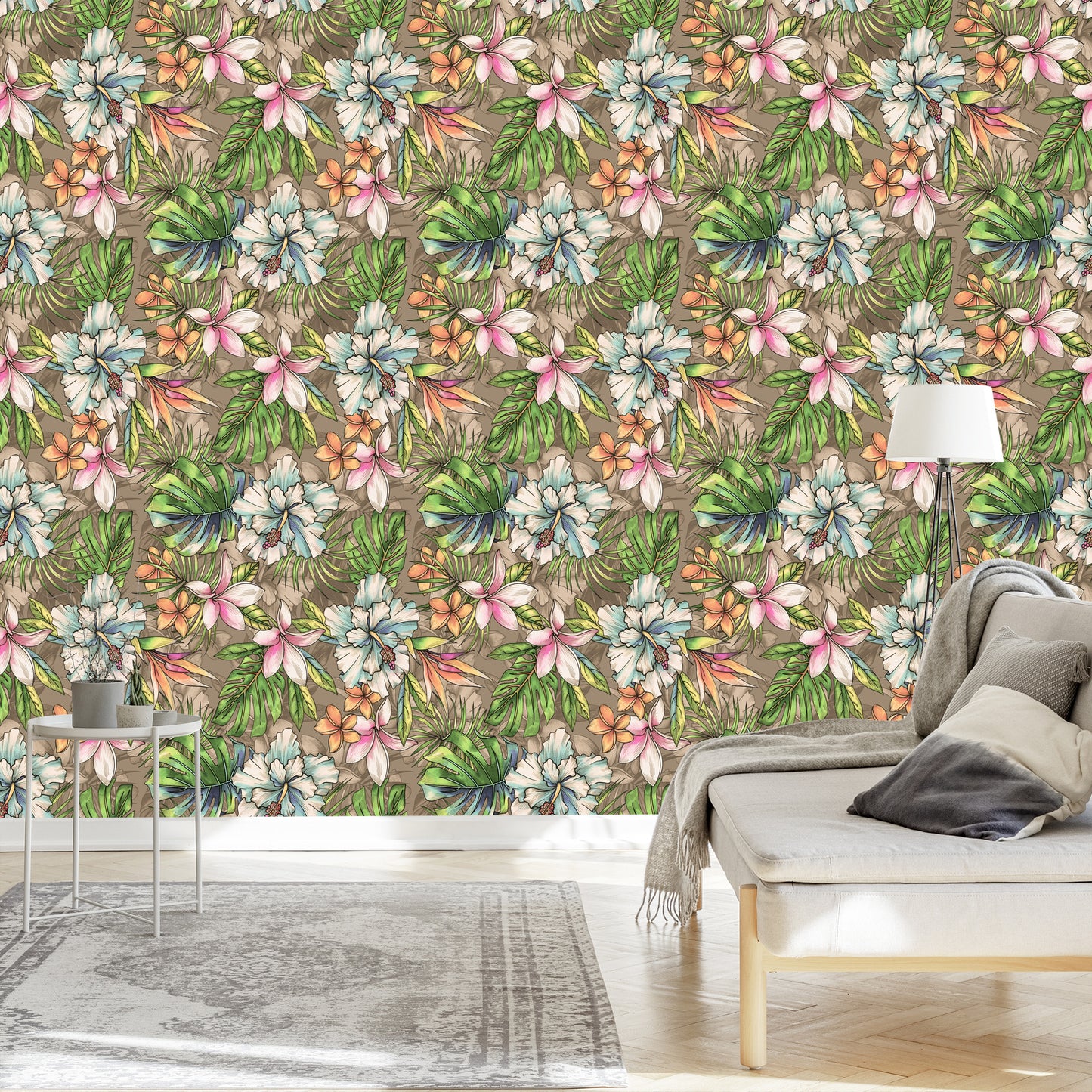 Wallpaper Flowers From The Garden Of Eden, Palm Leaves And Monstera