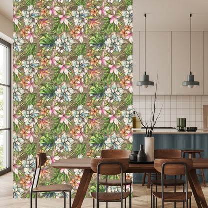 Wallpaper Flowers From The Garden Of Eden, Palm Leaves And Monstera