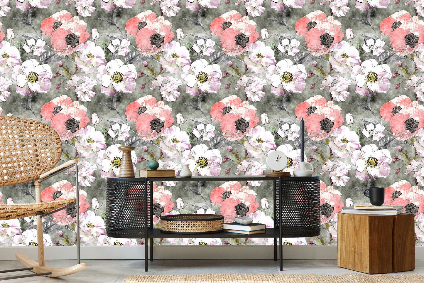 Wallpaper Vintage Poppy Roses