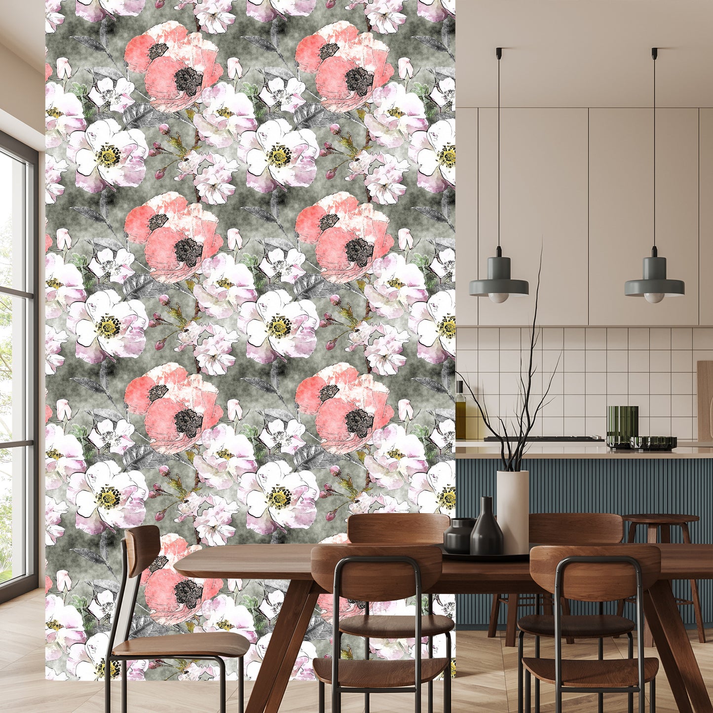 Wallpaper Vintage Poppy Roses