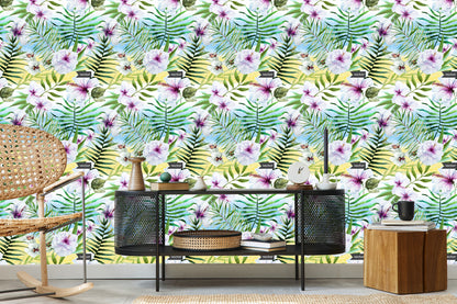 Wallpaper Hibiscus Orchid And Palm Leaves