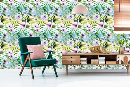 Wallpaper Hibiscus Orchid And Palm Leaves