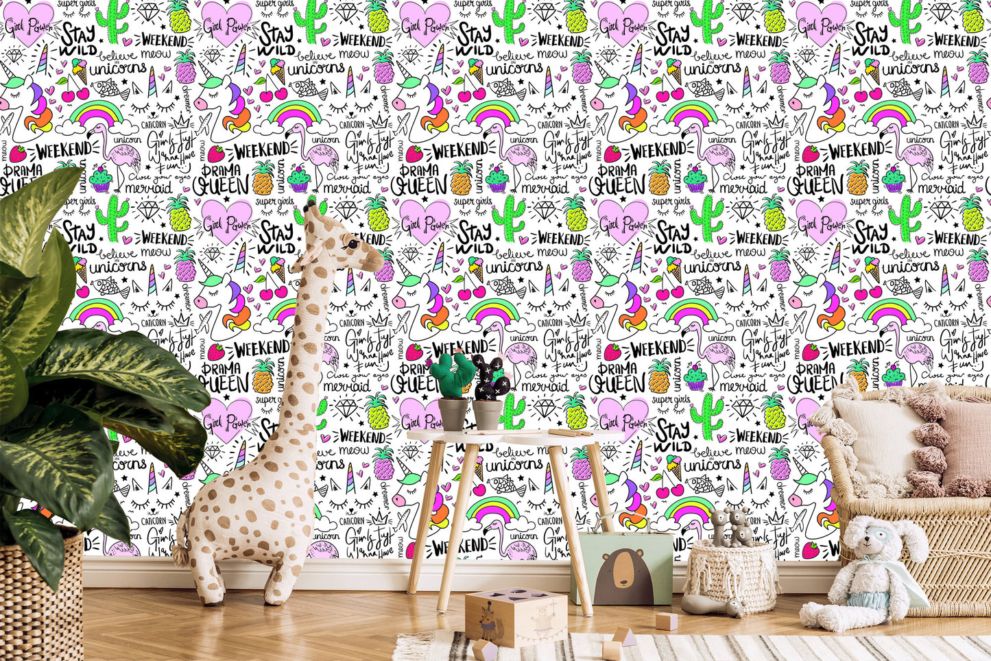 Wallpaper For Children - Animals, Fruits And Rainbow