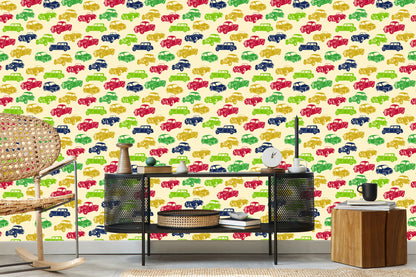 Wallpaper For Children - Colorful Cars In Retro Style