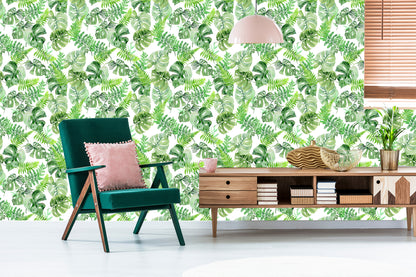 Wallpaper Tropical Leaves Painted With Watercolor