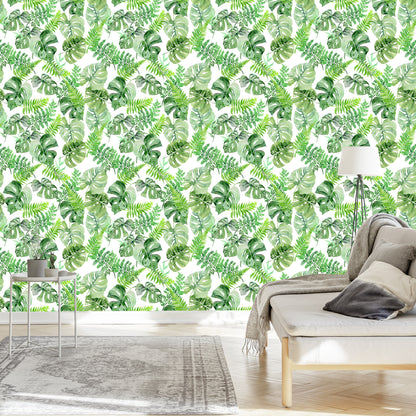 Wallpaper Tropical Leaves Painted With Watercolor