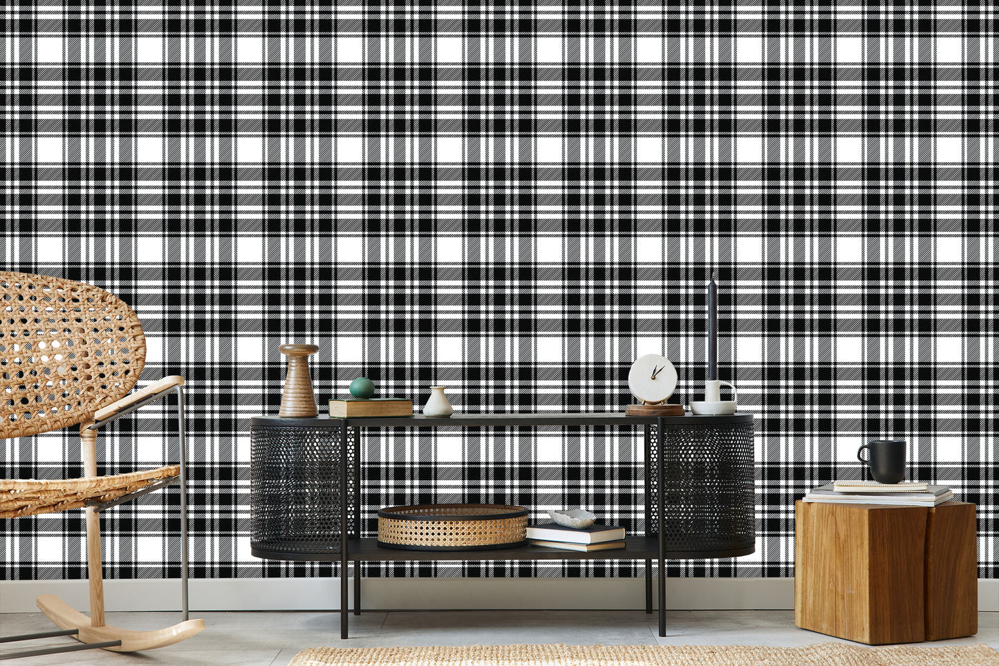 Wallpaper Black And White Scottish Plaid Pattern