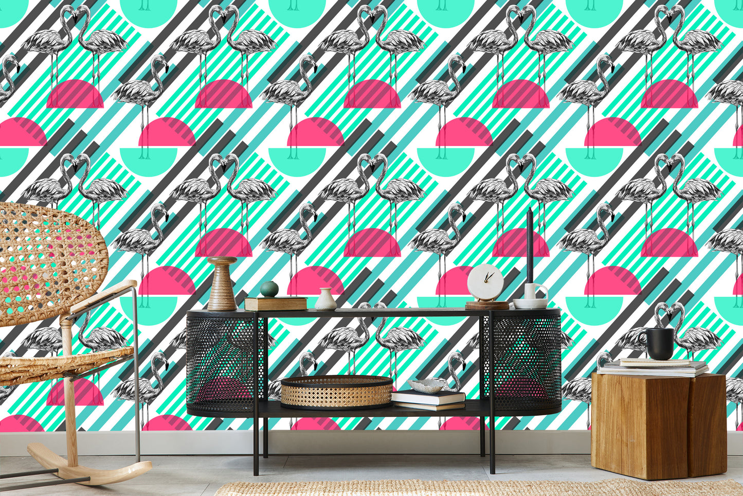 Wallpaper Flamingos And Geometric Patterns