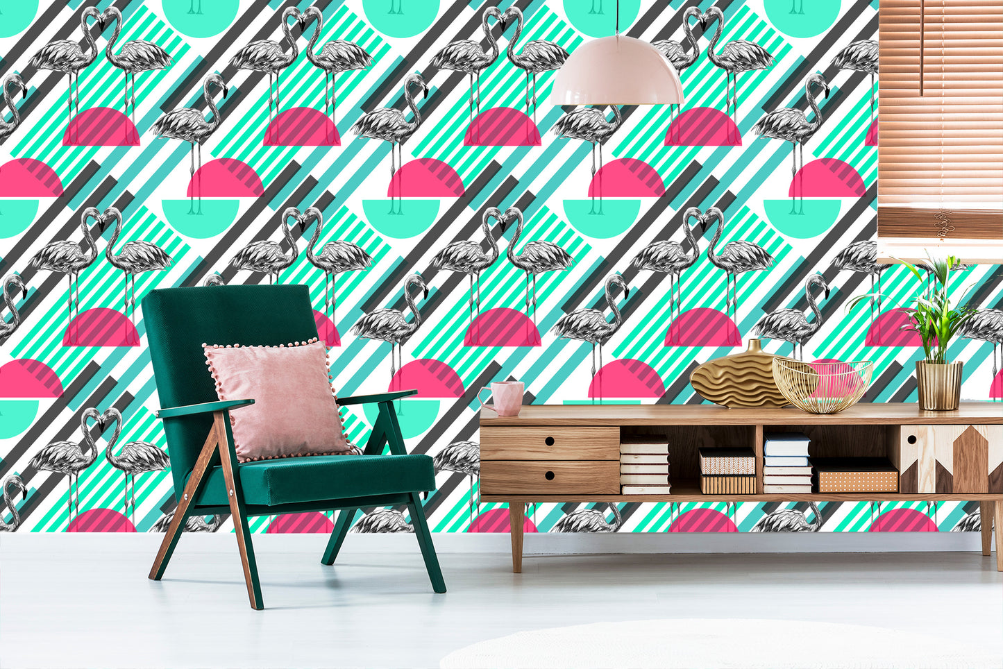 Wallpaper Flamingos And Geometric Patterns