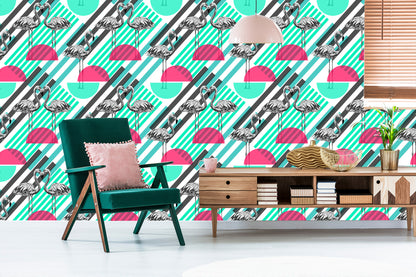 Wallpaper Flamingos And Geometric Patterns