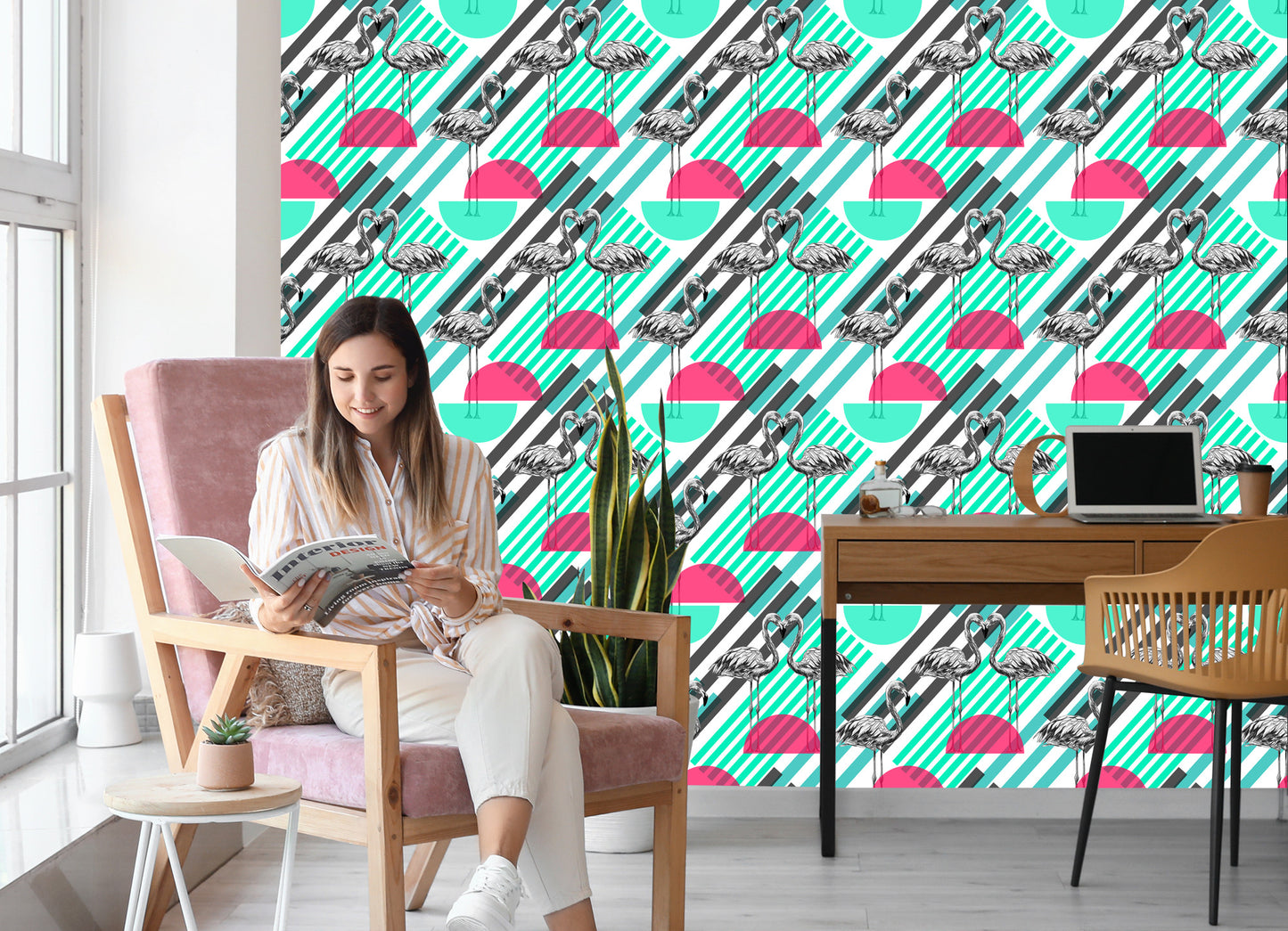 Wallpaper Flamingos And Geometric Patterns